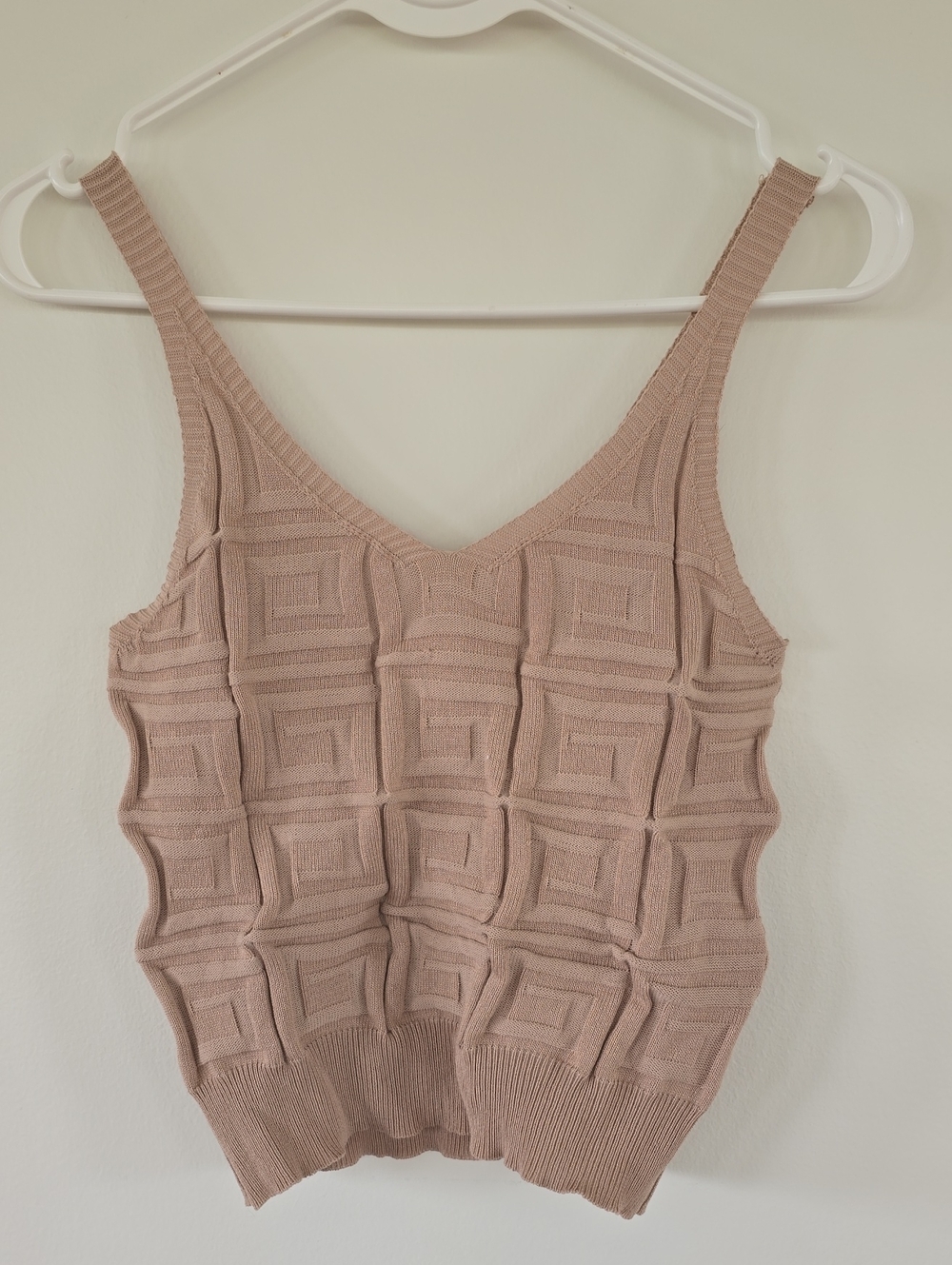 Textured Square Knit V-Neck Tank Top - Taupe